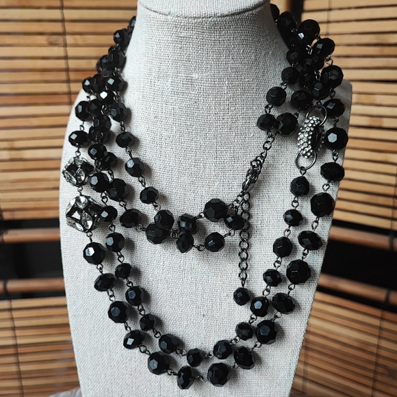 Dramatic Opera Length Black Plastic Faceted Glass Clear Rhinestone Bead Necklace - Picture 2 of 15